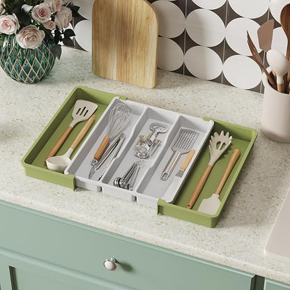 Lifewit Utensil Organizer for Kitchen Drawers, Expandable Cooking Utensil Tray, Adjustable Cutlery Silverware Flatware Holder, Plastic Spatula Tools Storage Divider, Green&White, 13"-22" x 15"