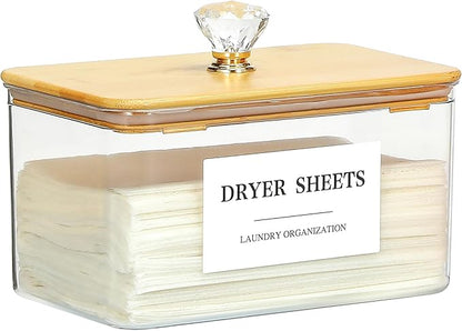 Dryer Sheet Holder with Lid, Clear Dryer Sheet Container, Dryer Sheet Dispenser with 4 Labels, Laundry Sheet Holder for Laundry Room and Organization