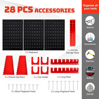 Goplus Garage Pegboard Tool Organizer, 4ft Metal Pegboard Wall Organizer w/3 Pegboards, Drill Bit Rack, Wrench Rack, Hooks Accessories, Wall-Mounted Tool Storage Peg Board for Workshop, Black