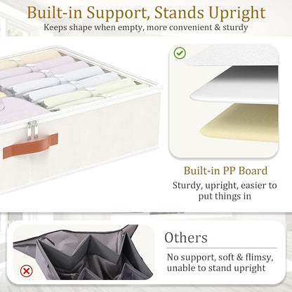 Yawinhe Under Bed Storage Containers, 4 Pack, Bin with Lids, Collapsible Closet Organizers, with Sorting Card Slot and 4 Leather Handles, for Blanket, Bedding, 31.5''Lx15.7''Wx6''H, Beige