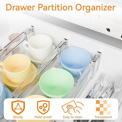 Yieach 12Pack 3.2 Inch Shallow Acrylic Drawer Dividers for Clothes -Expandable from 15-21''- Adjustable Drawer Dividers for Baby Clothing,Sock,Underwear,Clear in Drawer Separators for Dresser,Kitchen