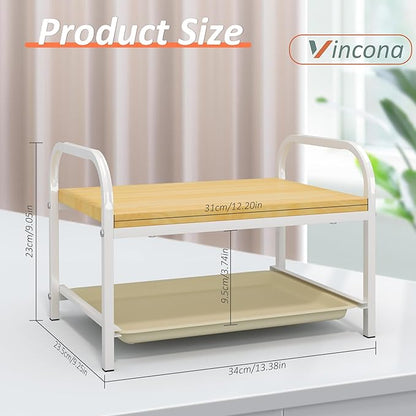 2-in-1 Laundry Detergent Holder & Organizer with Drip Tray, 2-Tier Metal Shelf for Countertop - Soap Dispenser & Storage Stand for Laundry Room, Kitchen, Bathroom, White