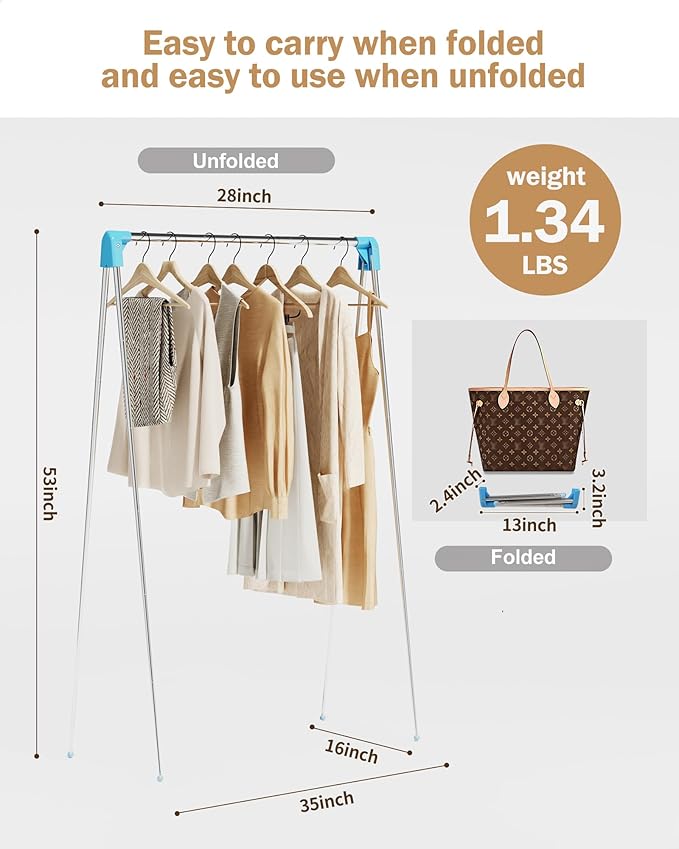 Travel Garment Rack ,Portable and Foldable，Folding Clothes Rack for Dance,Travel,Camping, Drying,RV, Indoor,Outdoor. A Collapsible Mini Clothing Rack.