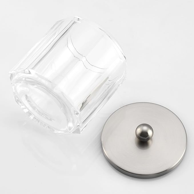 Indecor Home Clear Transparent Apothecary Octagional Shaped Glass Canister Jar With Satin Nickel Metal Lid Cover for Bathroom Organization, Cotton Balls, Q Tips, and Small Accessories, Bath Storage