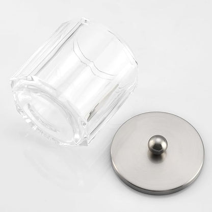 Indecor Home Clear Transparent Apothecary Octagional Shaped Glass Canister Jar With Satin Nickel Metal Lid Cover for Bathroom Organization, Cotton Balls, Q Tips, and Small Accessories, Bath Storage