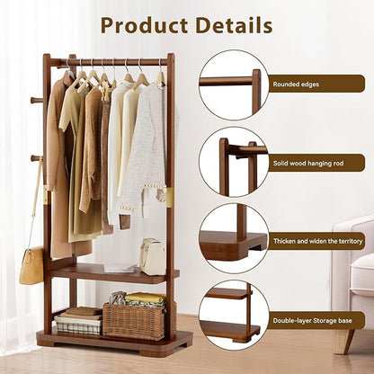 Solid Wood Clothes Rack with 2 Shelves & 4 Hooks for Hanging Clothes Garment Wallets Hats, Clothing Rack Heavy Duty Coat Rack Freestanding with Storage Hall Tree for Hallway Bedroom Living Room