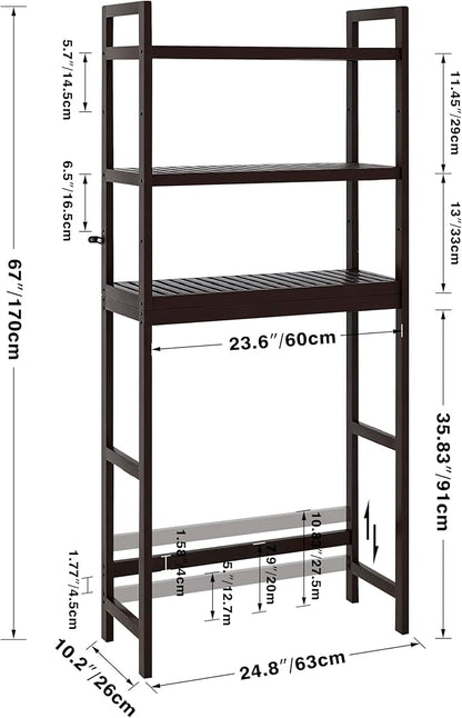 SMIBUY Bathroom Storage Shelf, Bamboo Over-The-Toilet Organizer Rack, Freestanding Toilet Space Saver with 3-Tier Adjustable Shelves (Dark Brown)