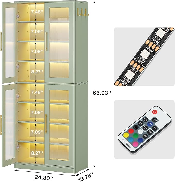 Tribesigns Tall Shoe Storage Cabinet with Acrylic Doors and LED Lights, 8-Tier Entryway Shoe Organizer Rack with Adjustable Shelves and Hanging Hooks for Narrow Closet, Hallway, Mint Green (Set of 2)