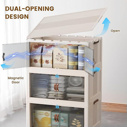 SAILUN 381Qt Extra Large Stackable Storage Bins Folding Collapsible Storage Bins with Lid, Closet Organizers and Storage Box with Door Beige 28" W x 17" D x 46" H
