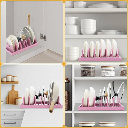 MinBoo Bamboo Pot Lid Organizer Pot Lid Holder, Pot and Pan Organizer Drawer Organizer for Pot Lids, Pans, Dinner Plates, Reusable Containers in Cabinet Storage,Pink