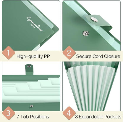 Sooez Elegant Accordion File Organizer with Labels, 8 Pocket Expanding File Folder, Portable Folders for Documents, Cute Paper Organizer for School Office Supplies, Letter Size, Blue