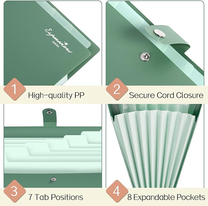 Sooez Elegant Accordion File Organizer with Labels, 8 Pocket Expanding File Folder, Portable Folders for Documents, Cute Paper Organizer for School Office Supplies, Letter Size, Purple