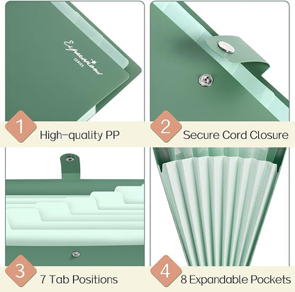 Sooez Elegant Accordion File Organizer with Labels, 8 Pocket Expanding File Folder, Portable Folders for Documents, Cute Paper Organizer for School Office Supplies, Letter Size, Purple