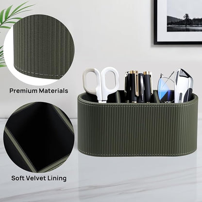 Aesthetic Remote Control Holder, PU Leather Remote Holder Desktop Organizers with 3 Compartments for Home Office Supplies and Accessories, Stylish Bedside Nightstand Organizer (Green)