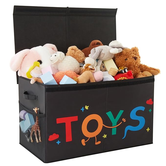 Large Toy Box, 83L Sturdy Collapsible Storage with Lid, 25"x13"x16" Kids Storage Organizer, Toy Chest Bin Baskets for Boys Girls,for Nursery,Bedroom,Playroom,Living Room,Toddlers Toybox(Black)