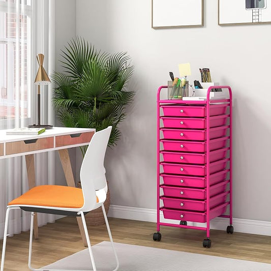 Storage Cart, Rolling Utility Cart with 10 Drawers, Portable Handles & Lockable Wheels, Mobile Paper Toys Storage Organizer Large Capacity for Home Office School Teacher (Hot Pink)
