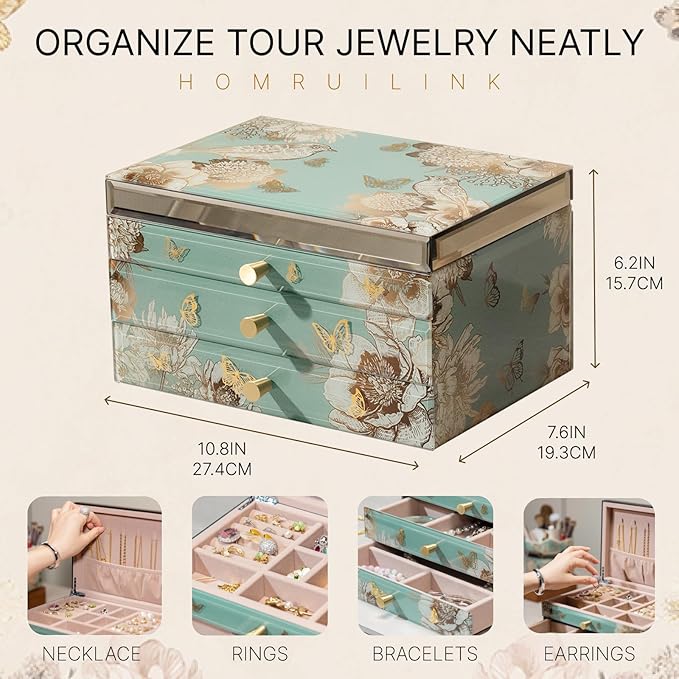 Homruilink High End Glass Jewelry Box - 3 Layer Jewelry Organizer - Velvet-Lined Case For Ring, Necklace, Earring, Bracelet Storage - Green Floral and Bird - Christmas Gifts For Women