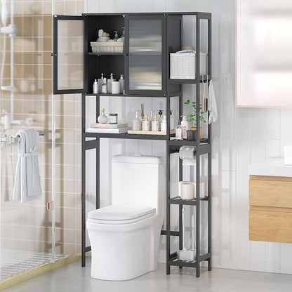 Wisuce Essentials Over The Toilet Storage Cabinet Above Toilet Bathroom Organizer with Toilet Paper Holder Stand Bath Organizer with Adjustable Shelves & Acrylic Doors,Anti-Tip Device (Black)