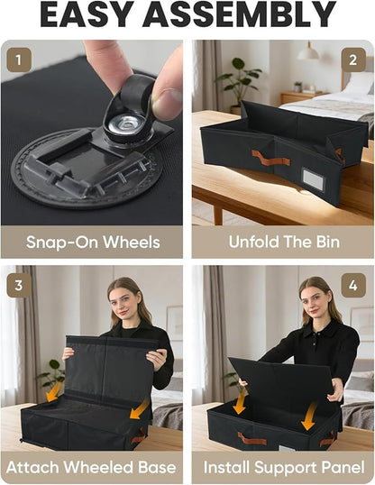 TOSKING Under Bed Storage with Wheels 2 Pack, 4 Vacuum Bags Included, 7.9" Rolling Underbed Bins, Durable Oxford Fabric, 80lbs Heavy Duty Drawer Organizer for Clothes, Shoes, Toys, Black