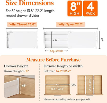 Lifewit 8" High 4 Pack Deep Drawer Dividers, 13.8-22.5" Adjustable Dresser Drawer Divider, White Drawer Organizer for Clothes, Tall Drawers Separators for Dresser, Kitchen, Bedroom, Cabinet, Office