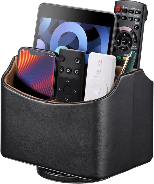 Lorteme Remote Control Holder, Spinning Desk Organizer, Nightstand Bedside Caddy for TV Remotes/Tablets/Phones/Eyeglasses/Books/Pens - Black