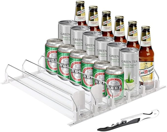 ONCHSH Drink Organizer for Fridge,Soda Can Drink Organizer for Refrigerator,Beer Pop Can Water Bottle Storage for Pantry,Width Adjustable Beverage Pusher Glide (White, 16.4" D - 5 Rows)