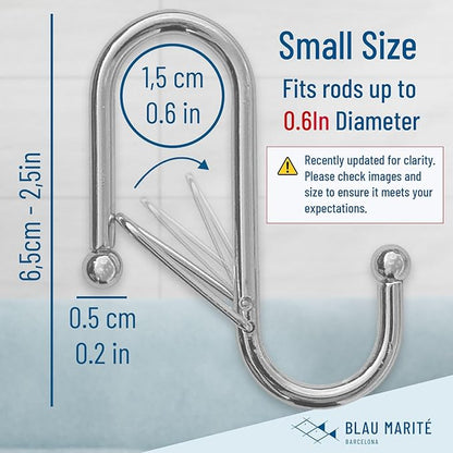 Blau Marité 10-Pack Metal S Hooks for Hanging – Heavy-Duty S-Shaped Hooks with Safety Buckle – Fits Bars up to 0.6 In – Anti-Drop Hook for Kitchen, Pot Racks & Towel Bars – Silver (Small)