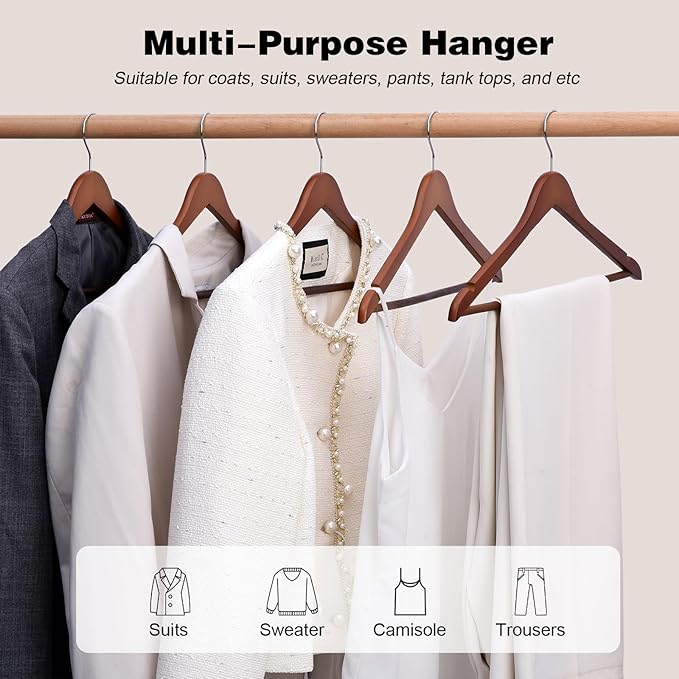 Hapmira Premium Wooden Hangers 10 Pack, Natural Solid Wood Hangers with Trouser Rods and Shoulder Notches, Space Saving for Suits, Shirts, Jackets, Dresses and Pants (10, Vintage)