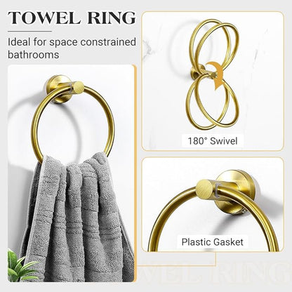Gold Bathroom Towel Bar Set, 10-Piece Stainless Steel Hardware Bathroom Accessories, 24" Towel Racks for Bathroom Walls