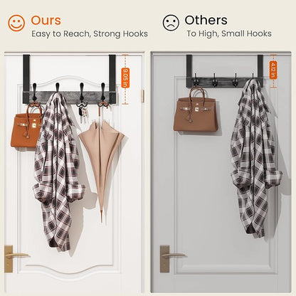 Homode Over The Door Hooks Heavy Duty,Wooden Door Coat Hanger with 4 Tri Hooks, Over The Door Towel Rack for Bathroom, Back of Door Hooks for Hanging Towels, Clothes, Hats, Bags, Grey