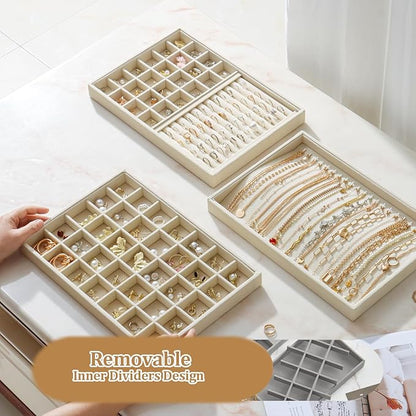 KATISYIO Large Velvet Jewelry Tray 2 Pack Stackable Jewelry Display Drawer Inserts Trays Organizer for Earring Bracelet Necklace Ring (Beige, 35 Grids)