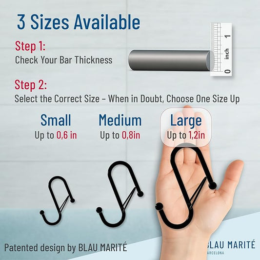 Blau Marité 6-Pack Metal S Hooks for Hanging – Heavy-Duty S-Shaped Hook with Safety Buckle – Fits Bars up to 1.2 in – Anti-Drop S-Hooks for Closet, Wardrobes & Storage – Silver (Large)
