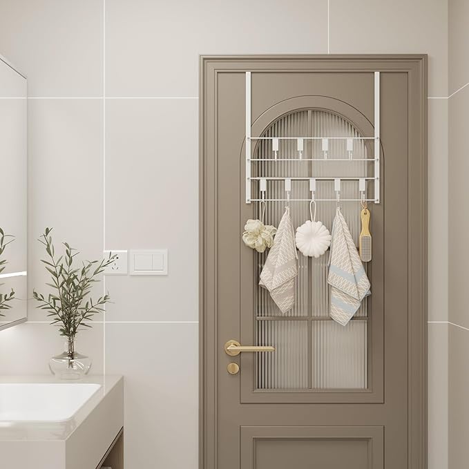 PAPAGIFTREE Over The Door Hooks, Over Door Hanger 9 Hooks, Coat Rack and Towel Rack for Hanging Clothes, Door Towel Hanger and Holder for Bathroom Organizer, Bedroom and Kitchen White