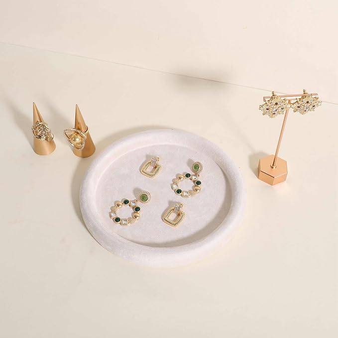 GemeShou Round Jewelry Organizer Plate, Top Microfiber Velvet Jewelry Display Tray, Empty Jewelry Showcase Tray for Necklaces, Bracelets, Rings, Earrings (Cream-Medium, 7.9 x 7.9 in)