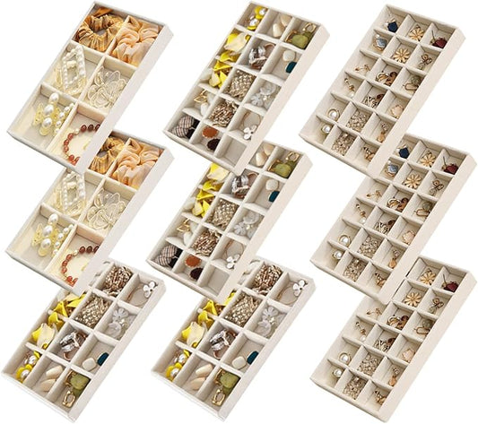 SPAKOWN Jewelry Organizer for Drawer Set of 9, Velvet Jewelry Tray Stackable Jewelry Organizer Display Trays Divided Earring Storage Containers (Beige)