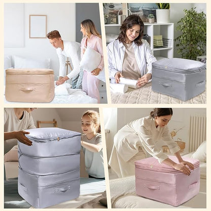 Ultra Space Saving Self Compression Organizers, 2 Pack Double Zipper Compression Packing Cubes for Bedding, Comforter Storage Bag for Blankets Duvet Quilts Pillows Queen King (Beige, X-Large)