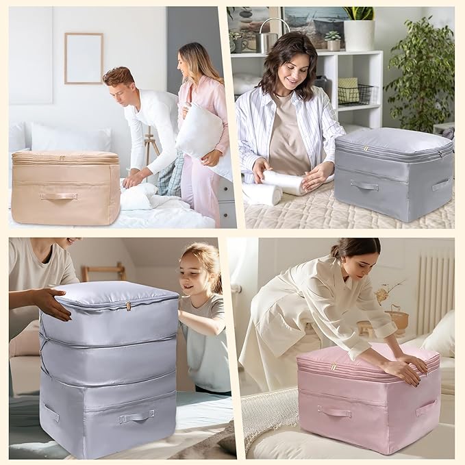 Ultra Space Saving Self Compression Organizers, 4 Pack Double Zipper Compression Packing Cubes for Bedding, Comforter Storage Bag for Blankets Duvet Quilts Pillows Queen King (Gray, X-Large)