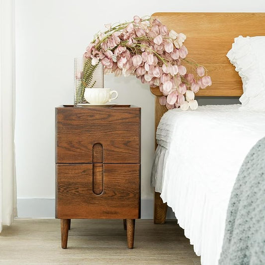 Cttasty Narrow Nightstand, Mid Century Modern Nightstand, Solid Wood Bedside Table, Side Table witn Drawers (Walnut, 11.81inches)