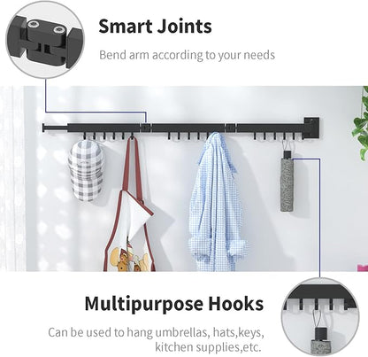 ptlsy Wall Mounted Portable Folding Clothes Drying Rack with Hooks,Space Saver Clothes Hangers Design Universal for Balcony, Mudroom, Bedroom, Kitchen, Foldable Laundry Rack (3-Pole Black)