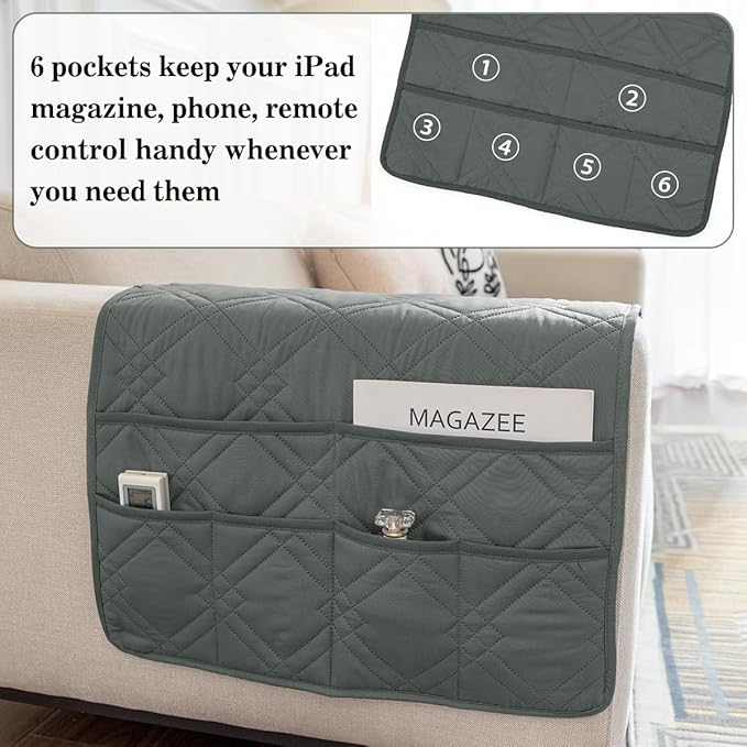 HADEEONG Couch Armrest Organizer Remote Control Holder Bedside Caddy with 6 Pockets, Non-Slip Armchair Caddy Sofa Armrest Organizer for Tv Remote Control, Magazine, Cell Phone, Dark Grey