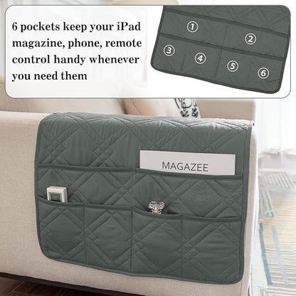 HADEEONG Couch Armrest Organizer Remote Control Holder Bedside Caddy with 6 Pockets, Non-Slip Armchair Caddy Sofa Armrest Organizer for Tv Remote Control, Magazine, Cell Phone, Dark Grey
