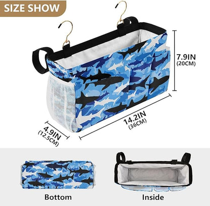 CuwrYet Bedside Caddy Hanging Bunk Bed Caddy Bed Organizer Hanging Pocket with 2 Hooks Bedside Storage Organizer Pocket Bag Holder Marine Bright Sky Blue Shark