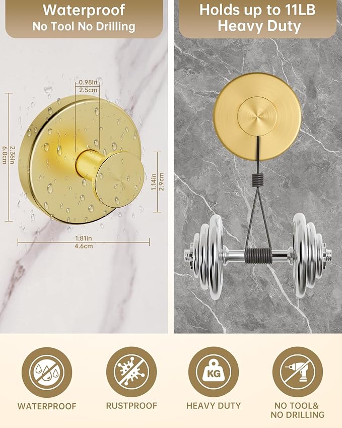SwanKiss Suction Cup Hooks for Shower, Suction Cup Hooks for Door Wreaths, Robe Towel Hooks Heavy Duty for Bathroom Hanging, Windows, Kitchen, Glass, Mirror, No Drilling, 6 Pack (Gold)