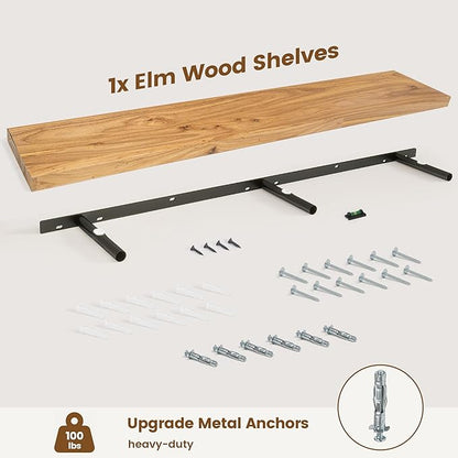 Elm Floating Shelves for Wall Decor, Rustic Solid Wood Shevles Wall Mounted with Invisible Bracket for Living Room Bathroom Bedroom Kitchen, 55 Inch Set of 1, Natural
