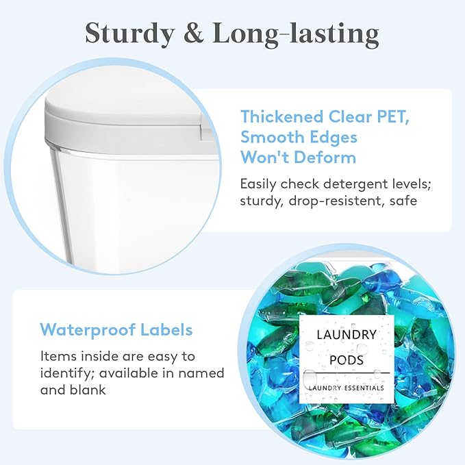 Lifewit Laundry Pods Container with Pop-up Lid, Detergent Dispenser, Dryer Sheet Holder, Laundry Room Organization Storage Jars for Washing Powder, Soap, Scent Booster Beads,0.5+0.72+1.2gal, 4 Pcs