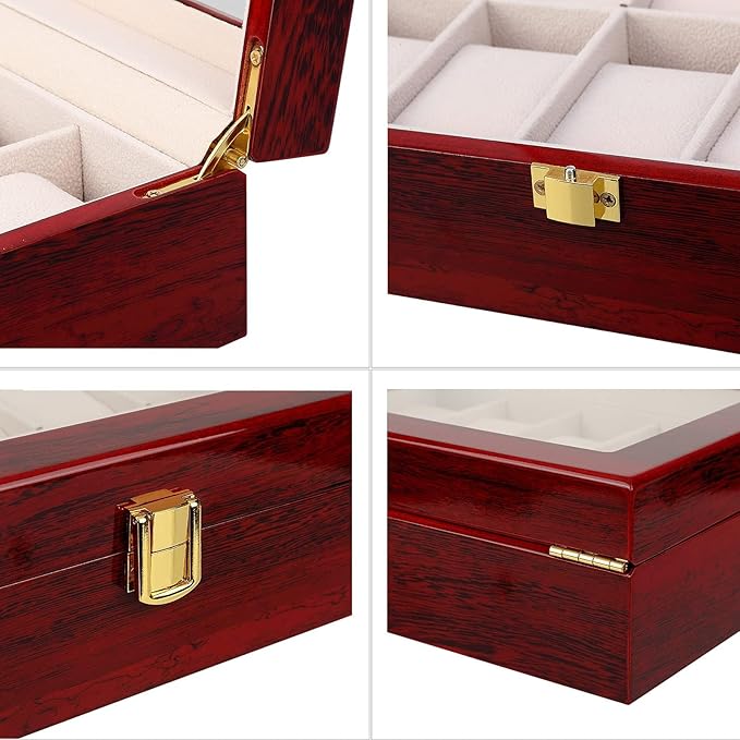 Uten Watch Box, 10 Slots Wooden Watch Case with Removable Watch Pillow, Metal Clasp Watch Display, Watch Box Organizer for Men and Women