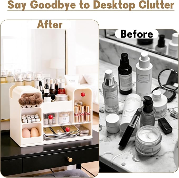 LLNTOU Makeup Organizer for Vanity with Brush Holder, Large Cosmetic & Skincare Organizer Countertop with Muti-Drawers, Cosmetic Display Case for Lipsticks, Nail Polishes, Perfumes, Eyeshadow (cream)