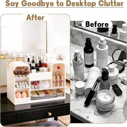 LLNTOU Makeup Organizer for Vanity with Brush Holder, Large Cosmetic & Skincare Organizer Countertop with Muti-Drawers, Cosmetic Display Case for Lipsticks, Nail Polishes, Perfumes, Eyeshadow (cream)