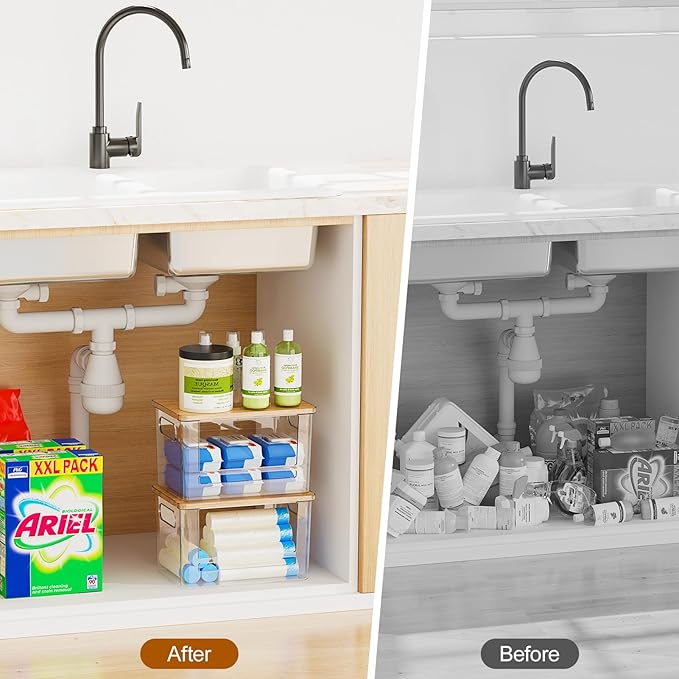 Riian Trash Bag Dispenser Holder, Stackable Garbage Bag Holder with Bamboo Lid, Acrylic Storage Container for Under Sink, Laundry Room Organization and Storage (2 Pack)