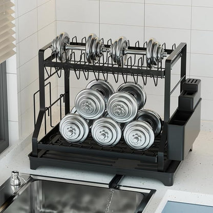 2-Tier Kitchen Dish Rack with Drainboard, Black, Large Capacity Dish Drying Rack with Cup Holder, Knife Block, Cutting Board Rack, 42x32.5x34cm